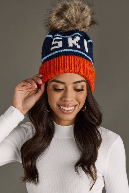 Orange, Navy & Blue Ski Pom Hat