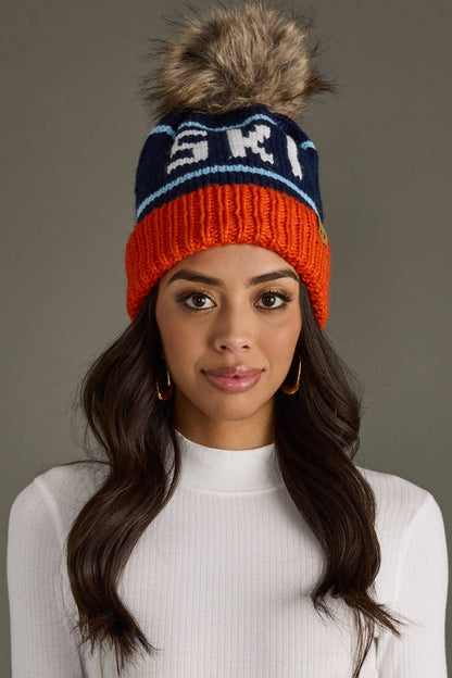 Orange, Navy & Blue Ski Pom Hat