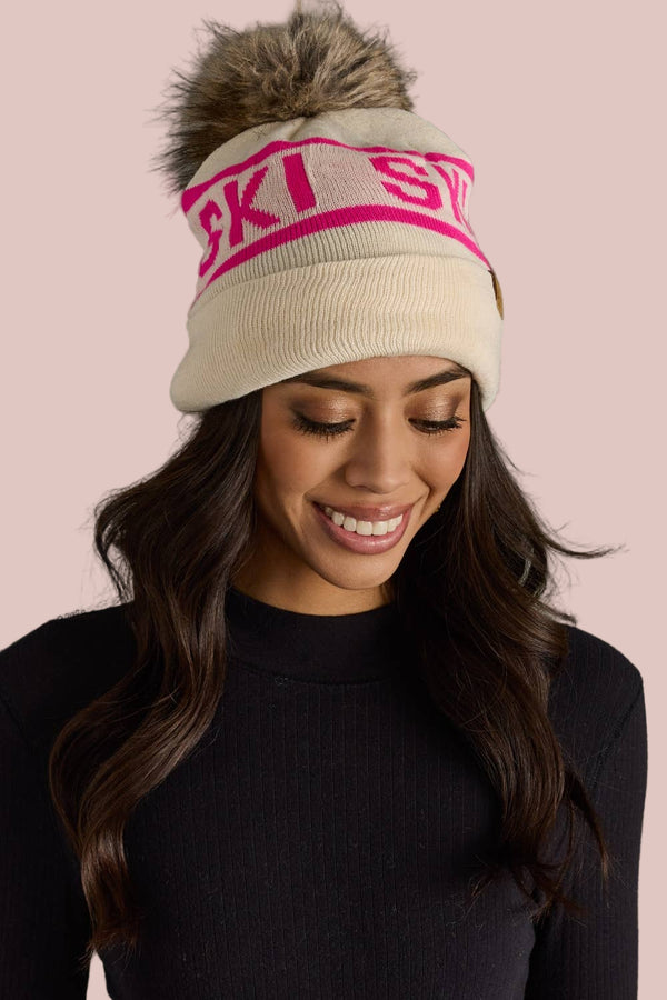 Beige & Pink Ski Pom Hat