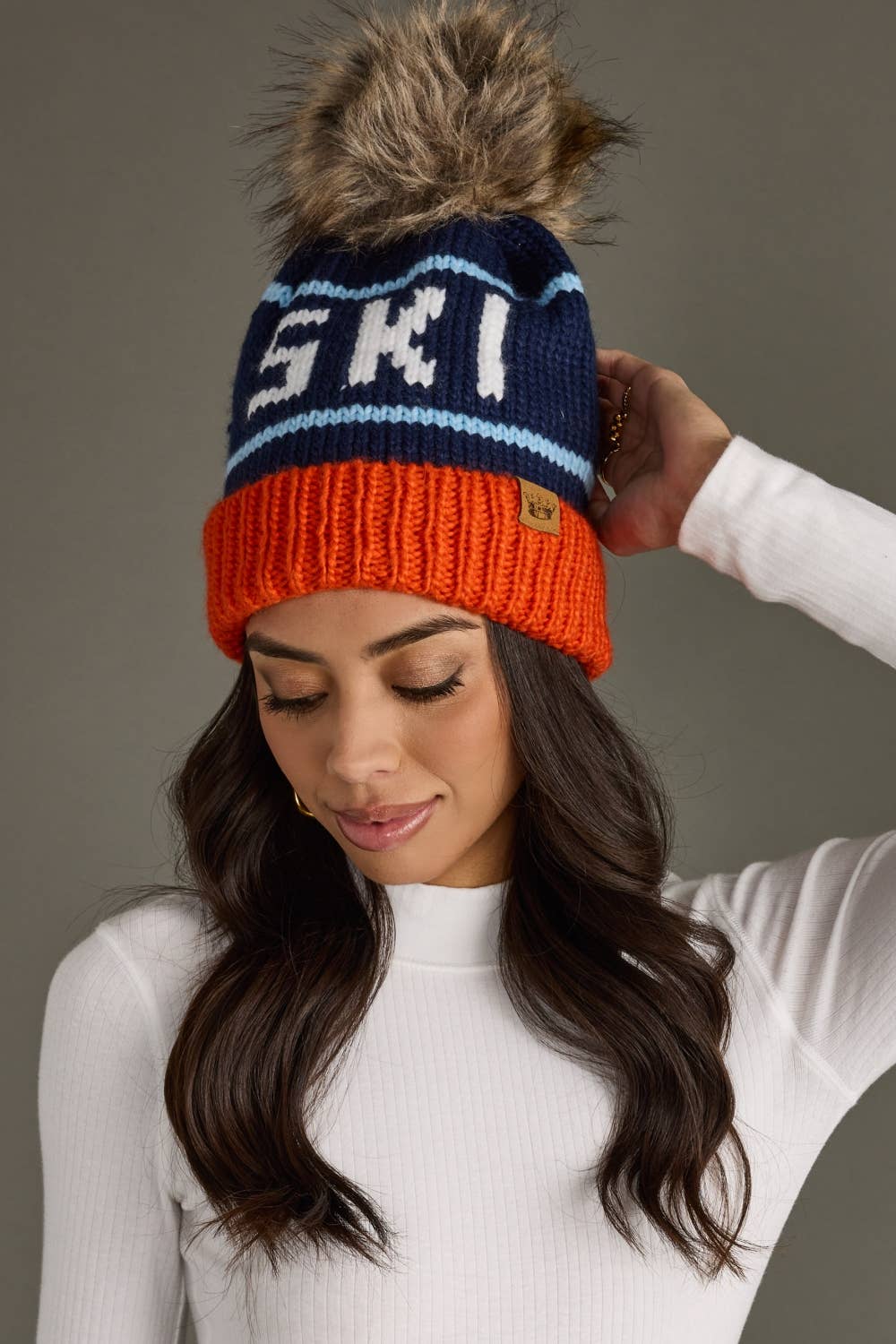 Orange, Navy & Blue Ski Pom Hat