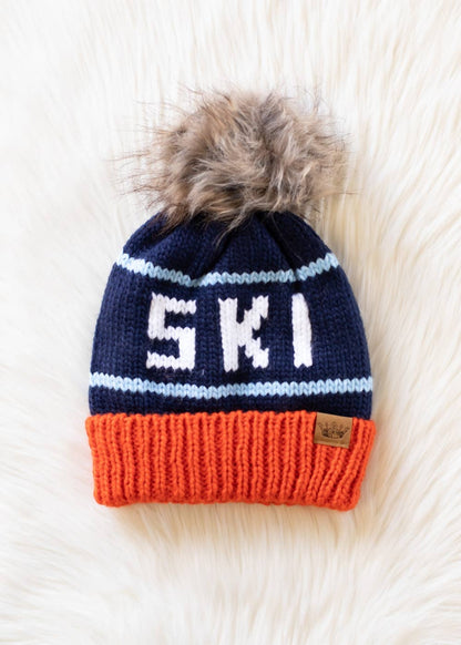 Orange, Navy & Blue Ski Pom Hat